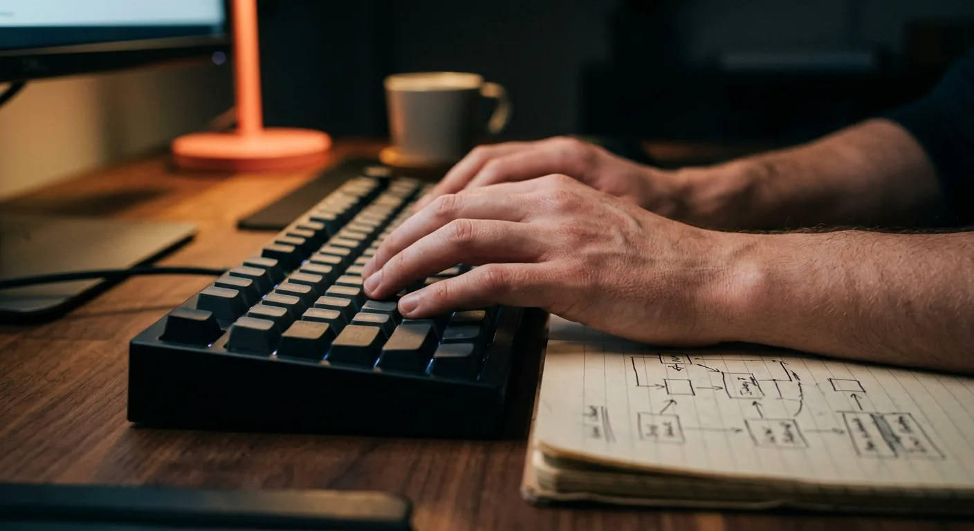 Hands on a mechanical keyboard beside a notebook of sketched flow diagrams, lit by a coral desk lamp