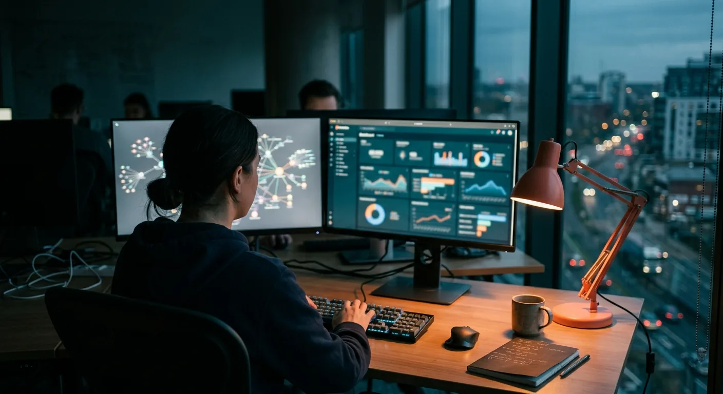 Jordan's desk at dusk: two monitors glowing teal with node diagrams, a coral desk lamp, city twilight in the window